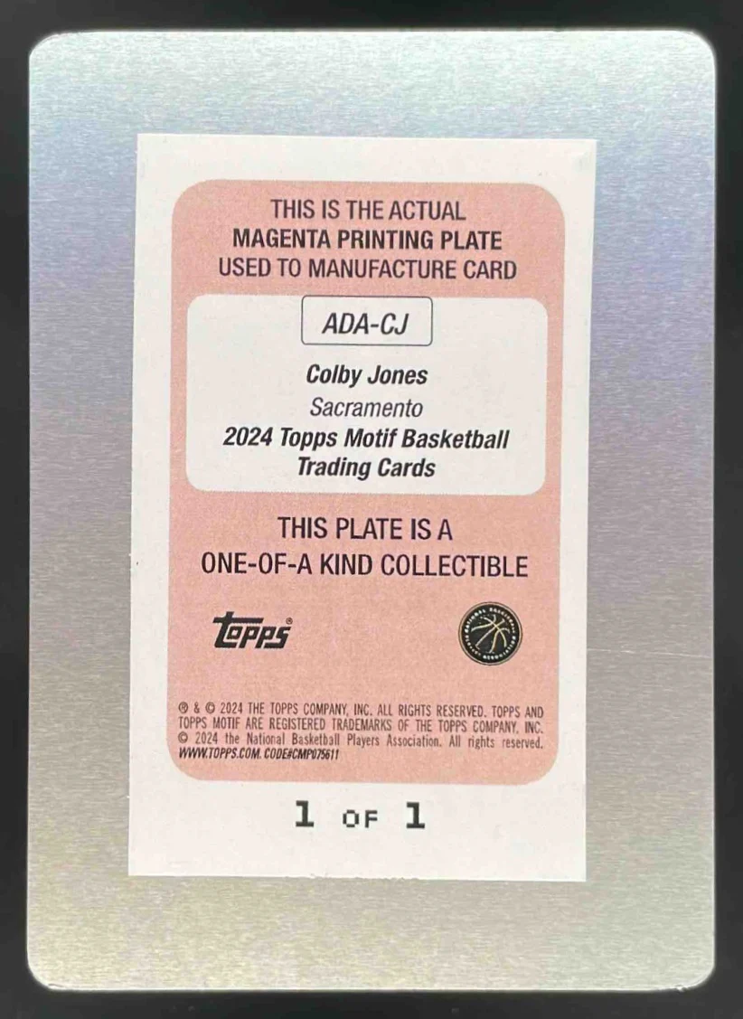 2023-24 Topps Motif Acrylic Drip Printing Plates Magenta Colby Jones RC Auto 1/1 - Image 2