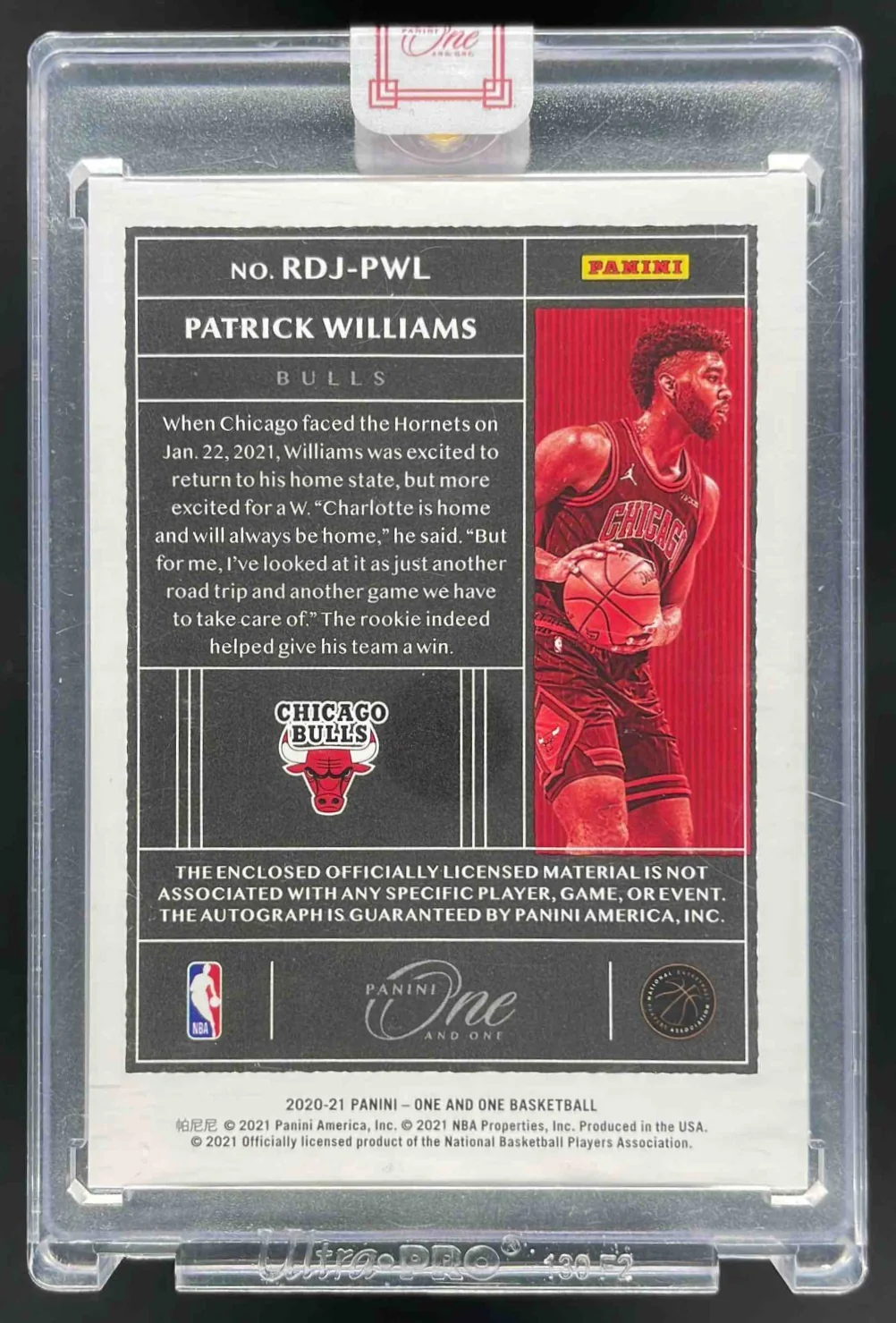 2020 One and One Rookie Dual Jersey Blue #RDJ-PWL Patrick Williams RC Auto /49 - Image 2