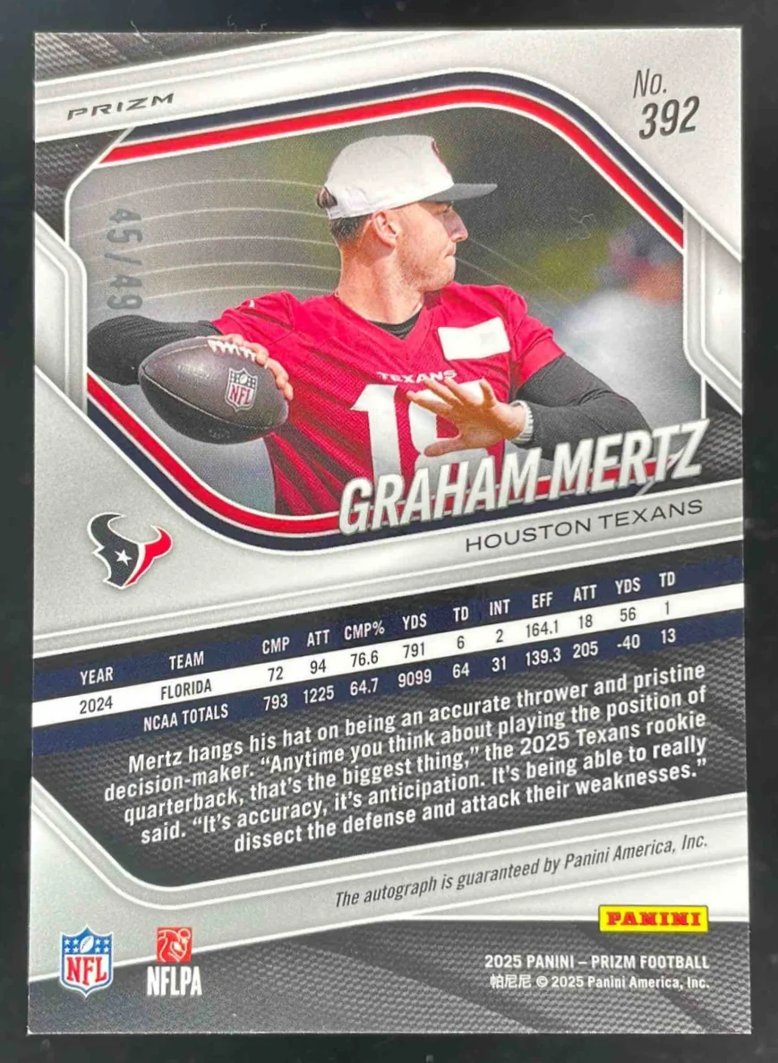 2025 Prizm Rookie Purple Power Prizm #392 Graham Mertz RC Auto /49 - Image 2
