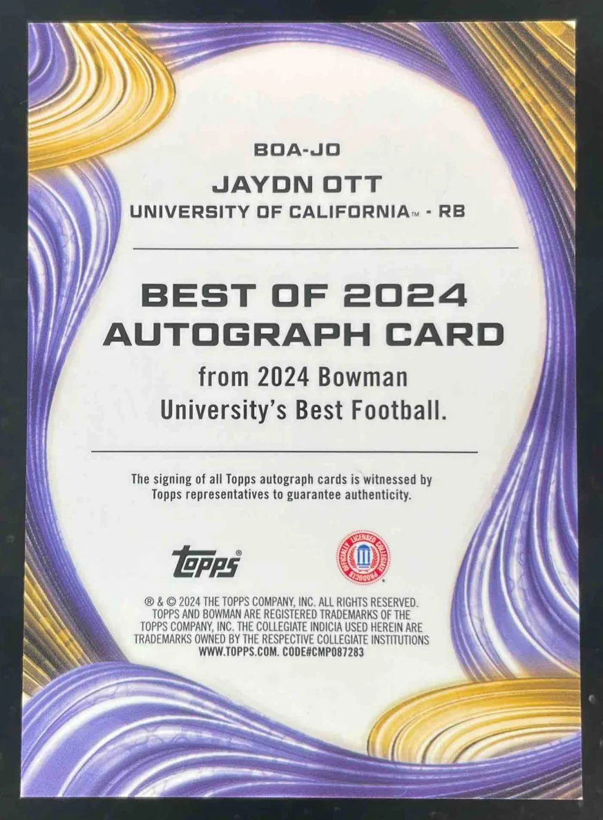2024 Bowman Best University Best of 2024 Pink Lava #BOA-JO Jaydn Ott Auto /100 - Image 2