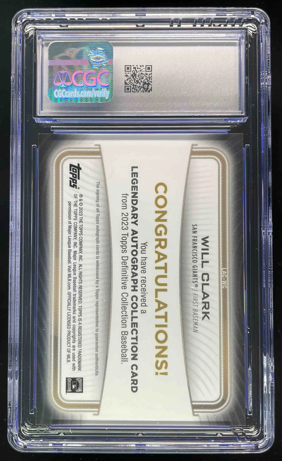 2023 Topps Definitive Legendary Collection #LAC-WC Will Clark Auto /25 CGC 10 - Image 2