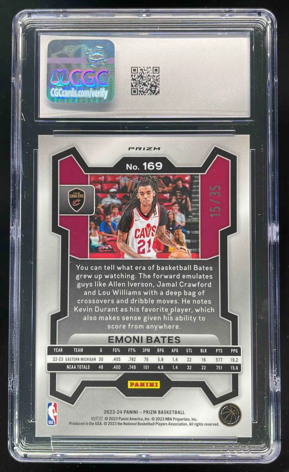 2023-24 Panini Prizm Prizms Purple Pulsar #169 Emoni Bates RC /35 CGC 10 - Image 2