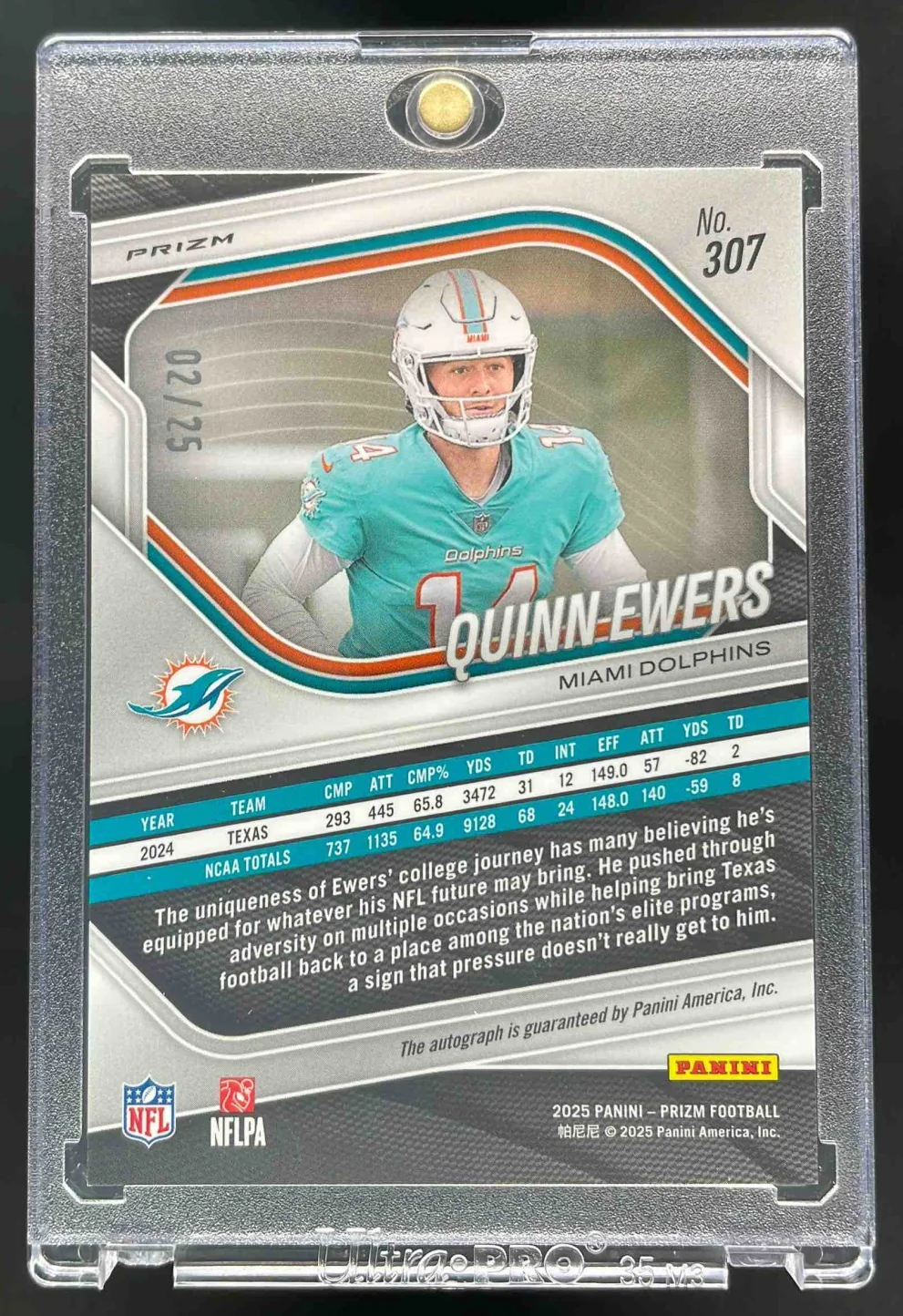 2025 Prizm Rookie Blue Shimmer Prizm #307 Quinn Ewers RC Auto /25 - Image 2