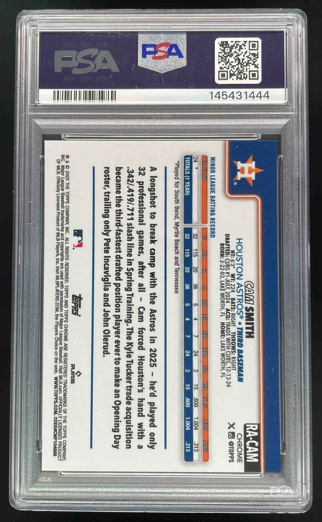 2025 Topps Chrome Sapphire Rookie Red #RA-CAM Cam Smith RC Auto /5 PSA 10 - Image 2
