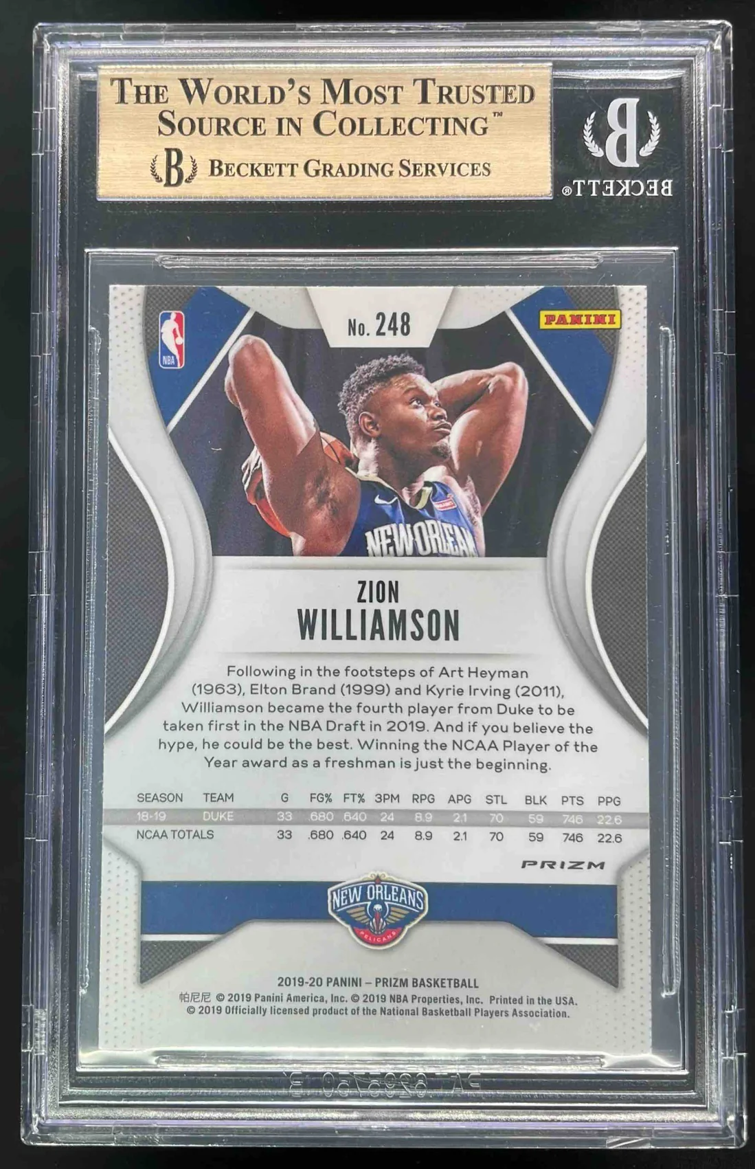 2019-20 Panini Prizm Prizms Orange Ice #248 Zion Williamson RC BGS 10 - Image 2