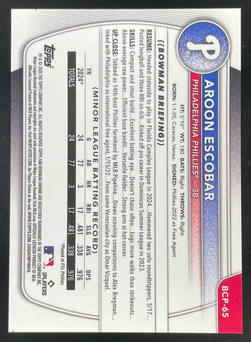 2025 Bowman Chrome Prospects Green Shimmer #BCP-65 Aroon Escobar RC /99 - Image 2
