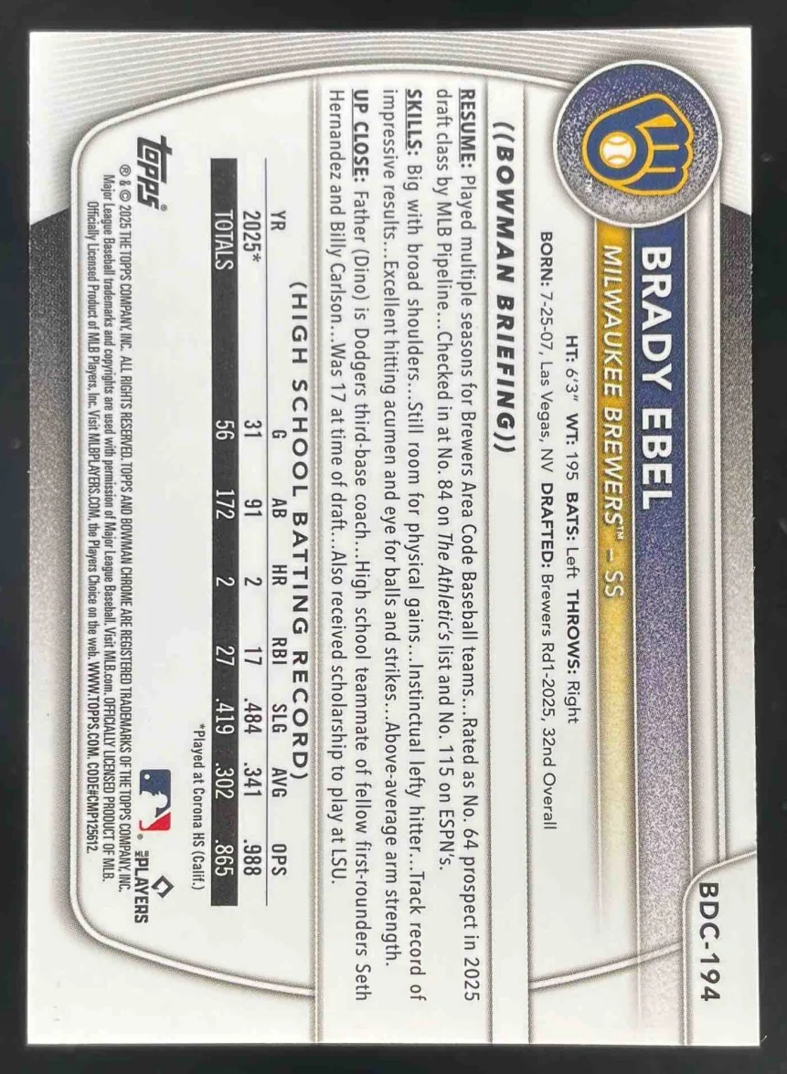 2025 Bowman Draft Chrome Yellow Geometric Refractor #BDC-194 Brady Ebel RC /75 - Image 2
