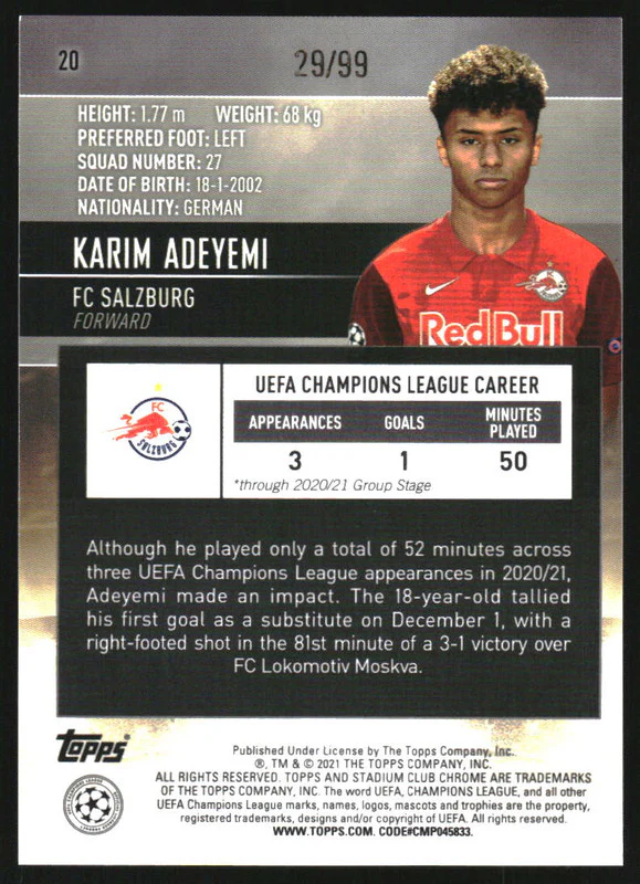 2020-21 Stadium Club Chrome UEFA Champions League Green Karim Adeyemi RC /99 - Image 2