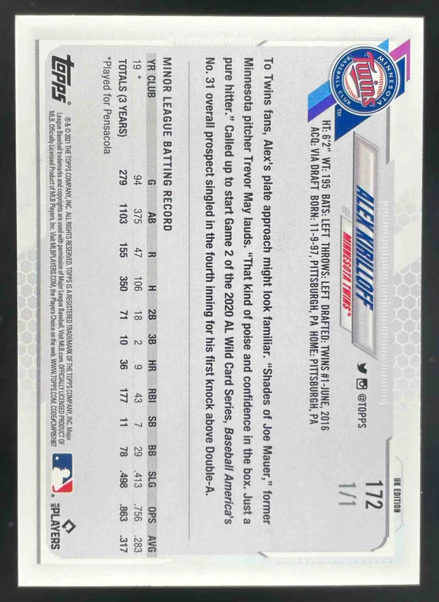 2021 Topps UK Edition Platinum #172 Alex Kirilloff RC 1/1 - Image 2