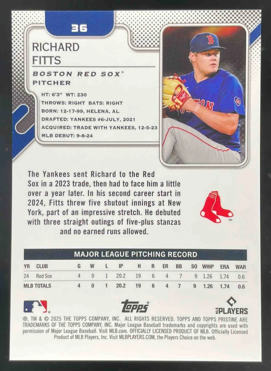 2025 Topps Pristine Primaries Refractor #36 Richard Fitts RC /10 - Image 2
