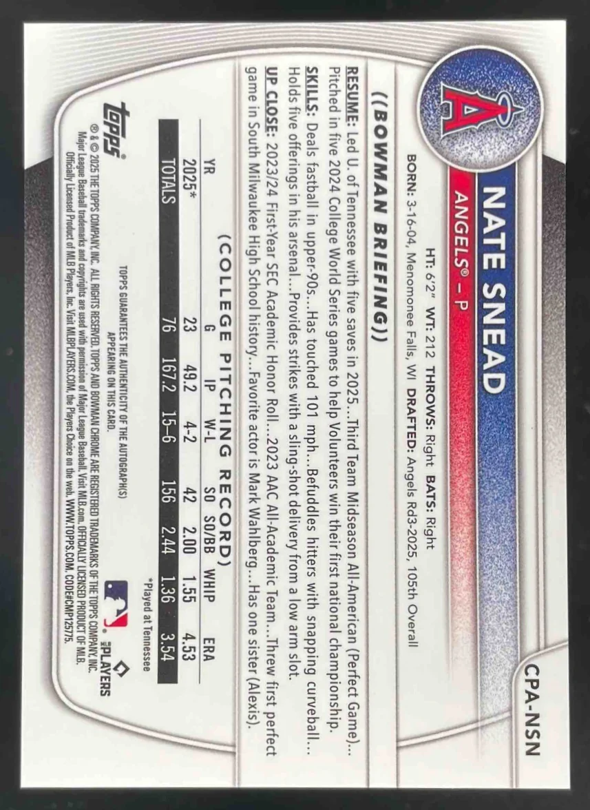 2025 Bowman Draft Chrome Purple #CPA-NSN Nate Snead RC Auto /250 - Image 2