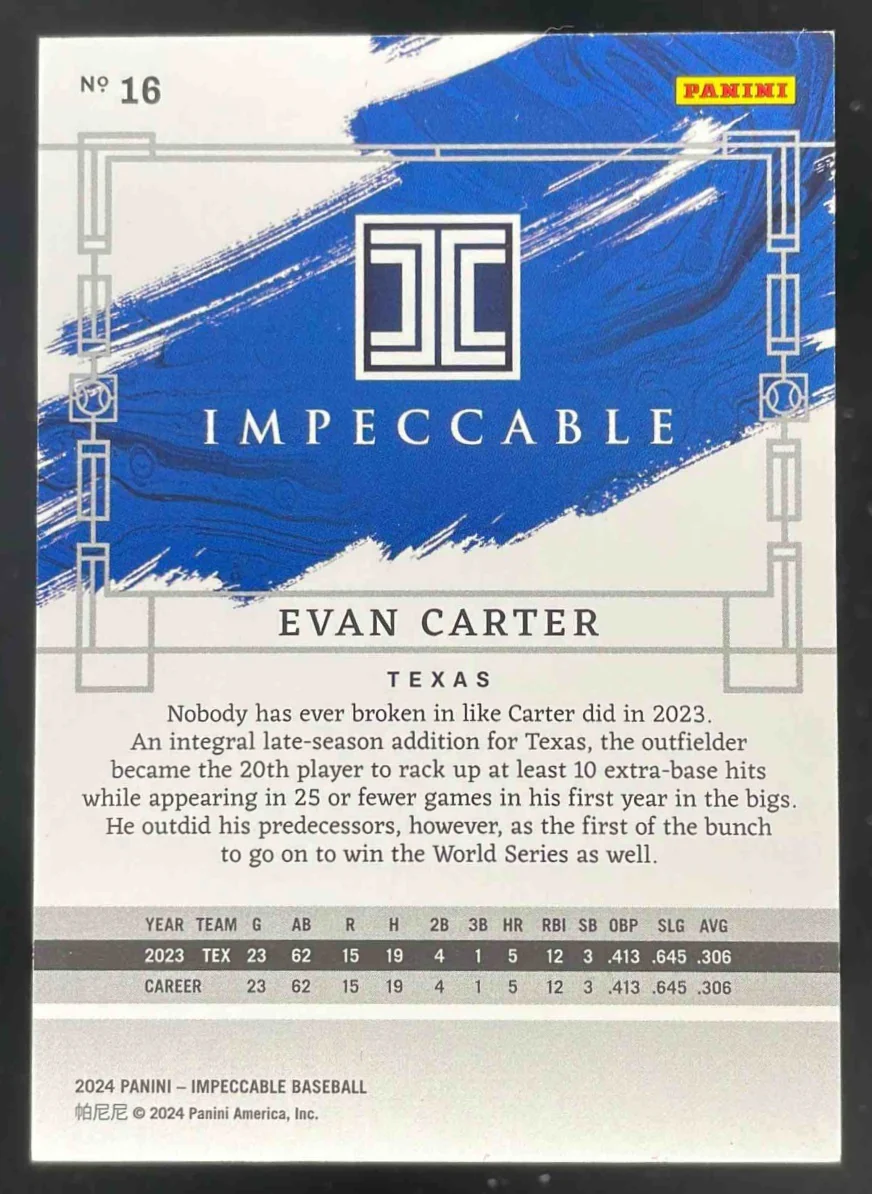 2024 Panini Impeccable Holo Gold #16 Evan Carter RC /10 - Image 2
