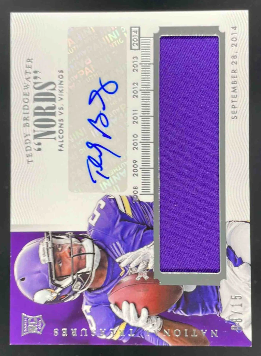 2014 National Treasures Timeline Nickname Material Teddy Bridgewater RC Auto /15