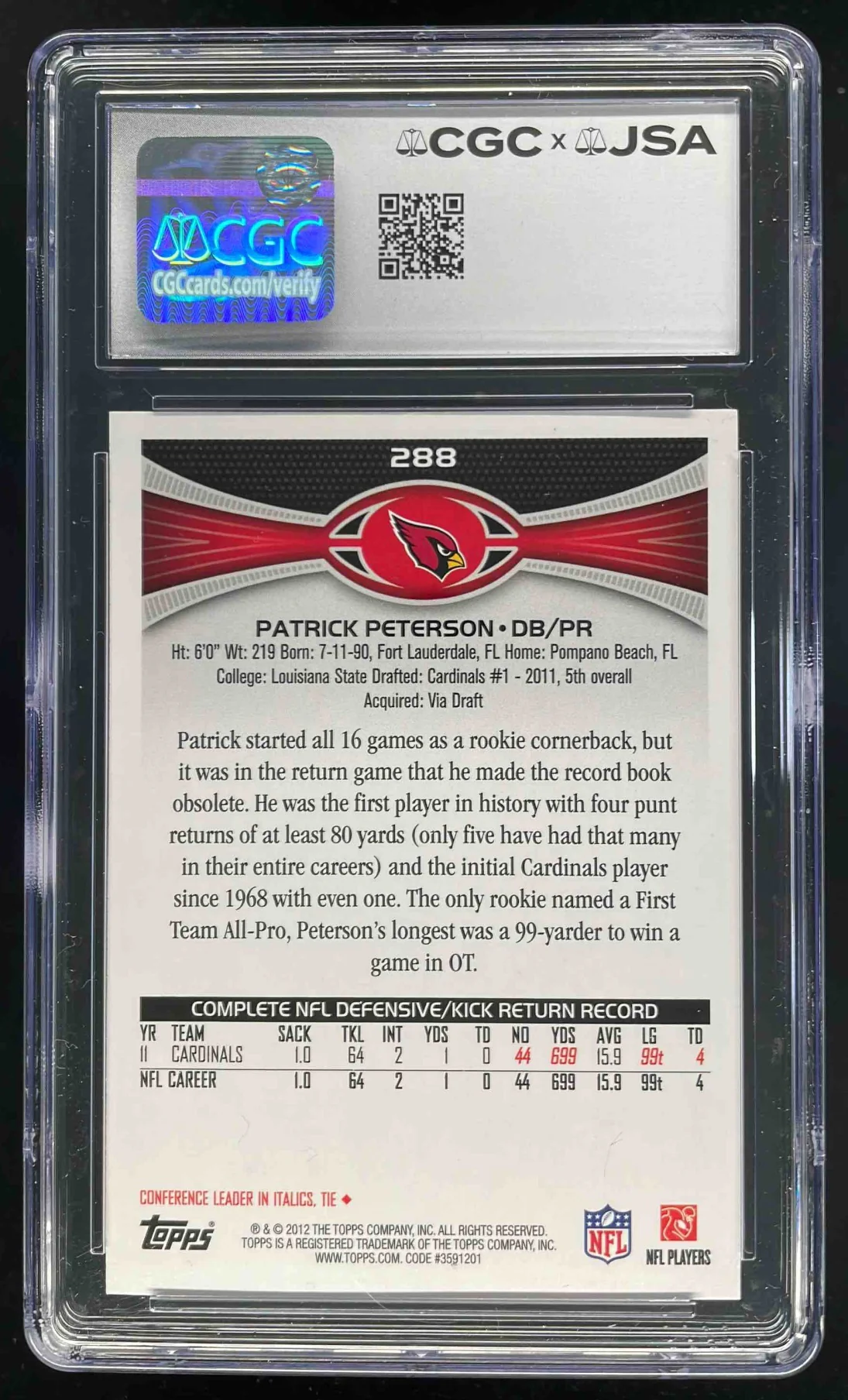 2012 Topps #288 Patrick Peterson Autograph Auto CGC Authentic - Image 2