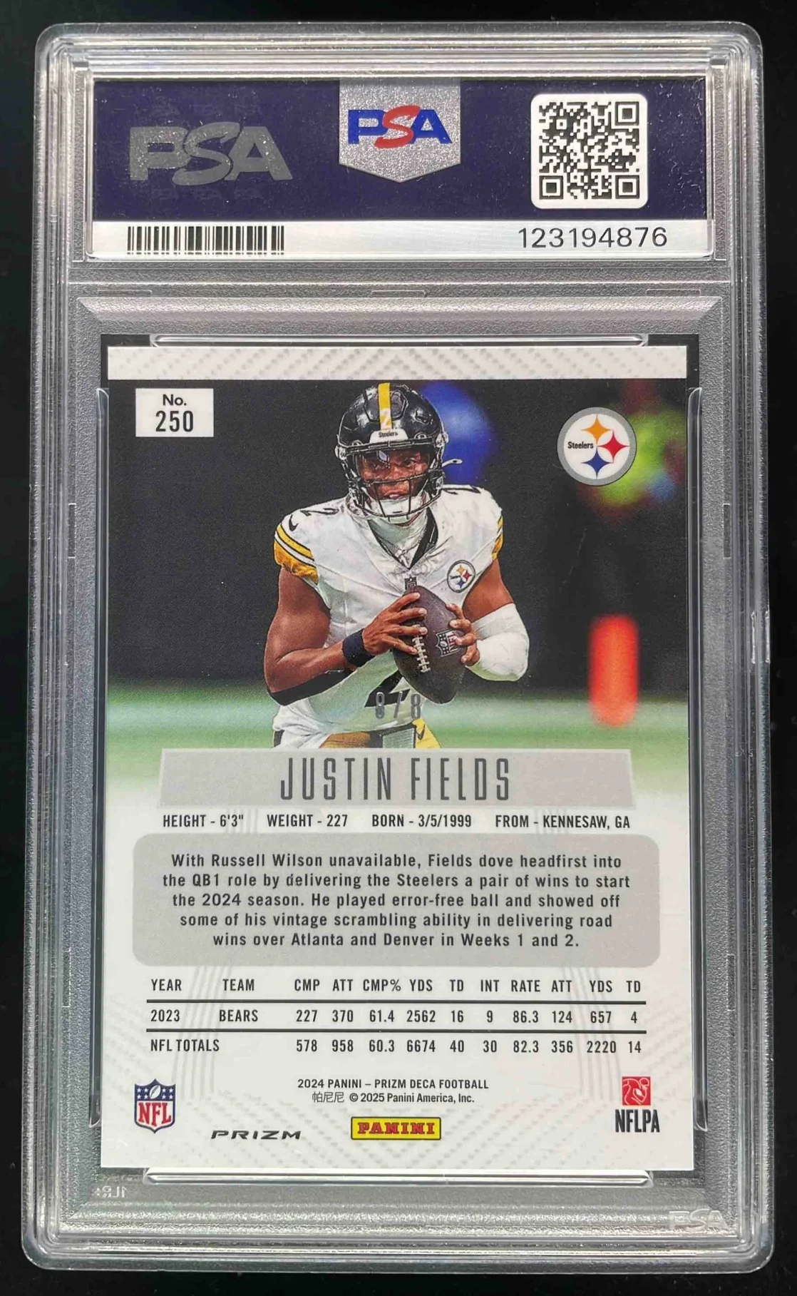 2024 Prizm Deca Shimmer Black Gold Prizms FOTL #250 Justin Fields /8 PSA 10 - Image 2
