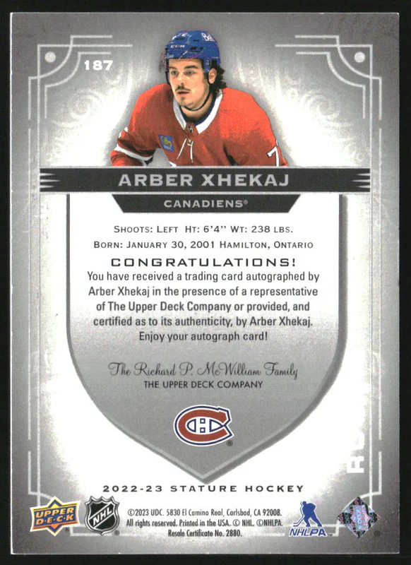 2022-23 Upper Deck Stature Autographs #187 Arber Xhekaj RC Auto /199 - Image 2