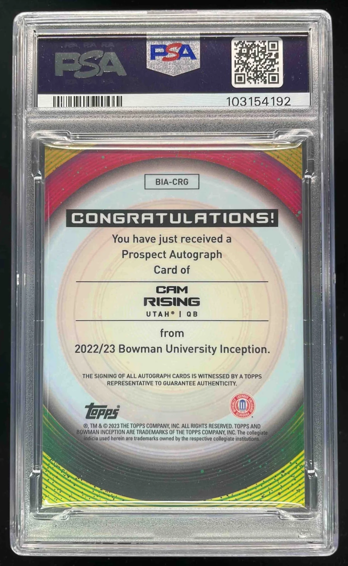 2022 Bowman University Inception Autographs #BIA-CRG Cam Rising Auto PSA 10 - Image 2