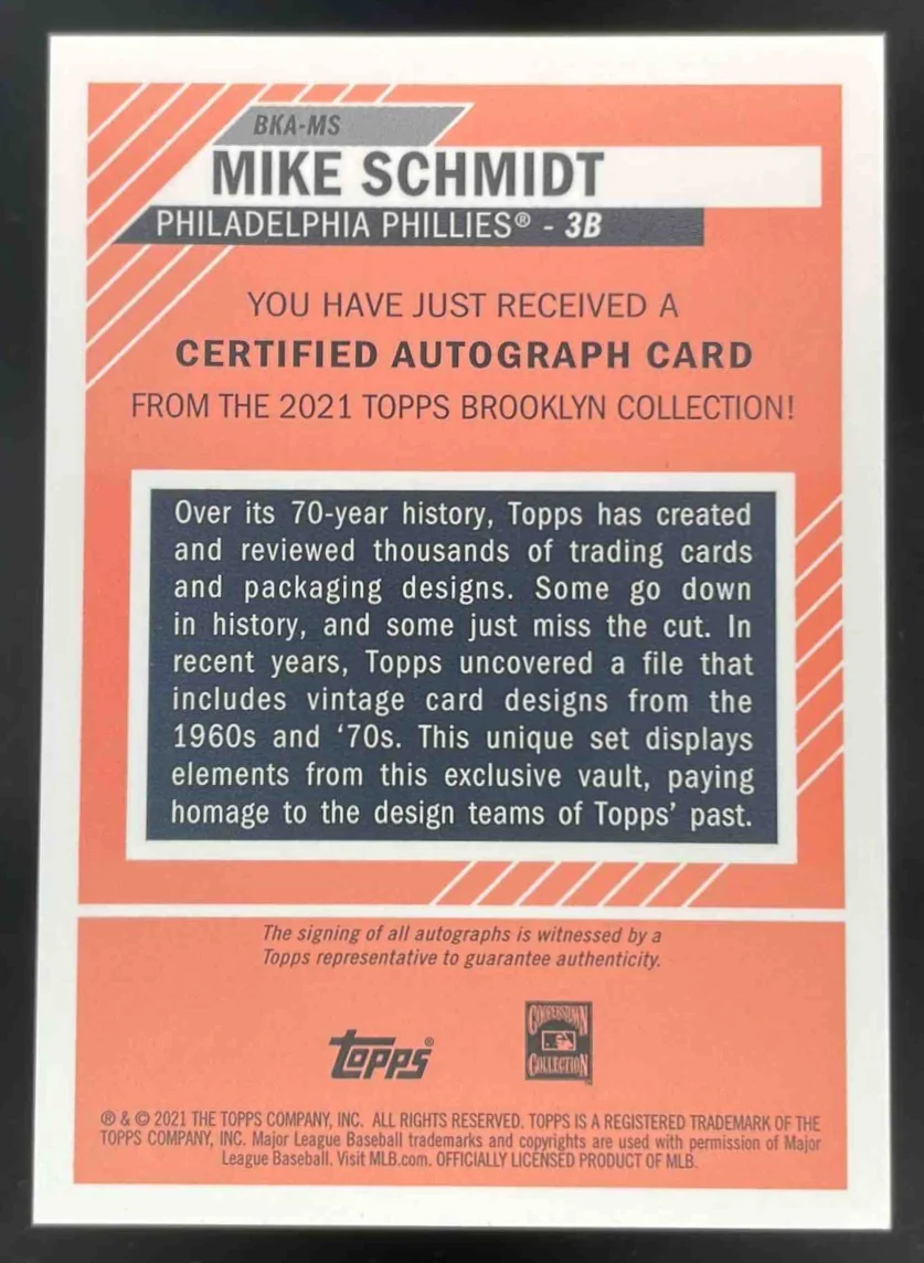 2021 Topps Brooklyn Collection Autographs Orange #BKA-MS Mike Schmidt Auto /20 - Image 2
