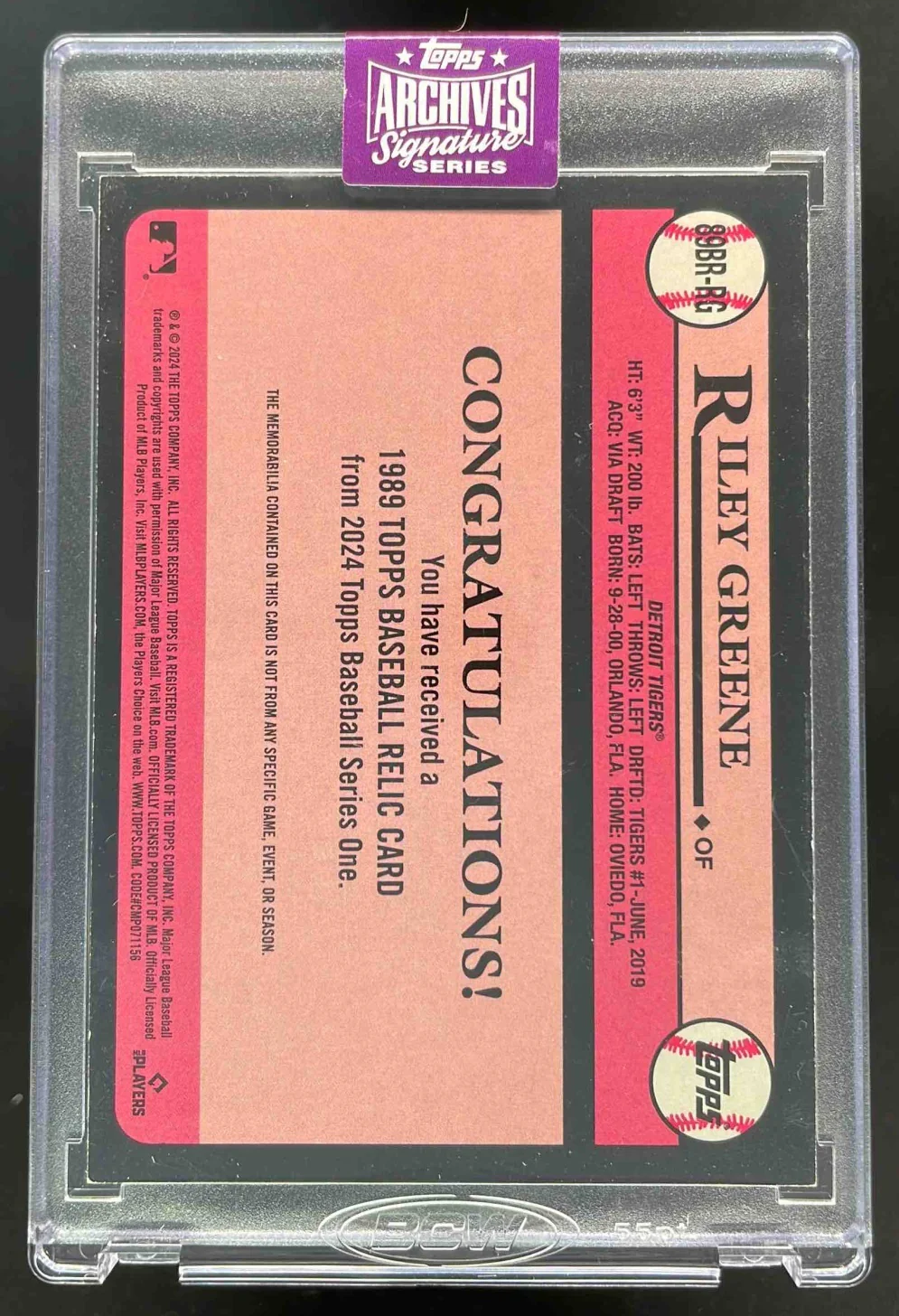 2025 Topps Archives Signature Series Autograph Riley Greene Auto 1/1 - Image 2