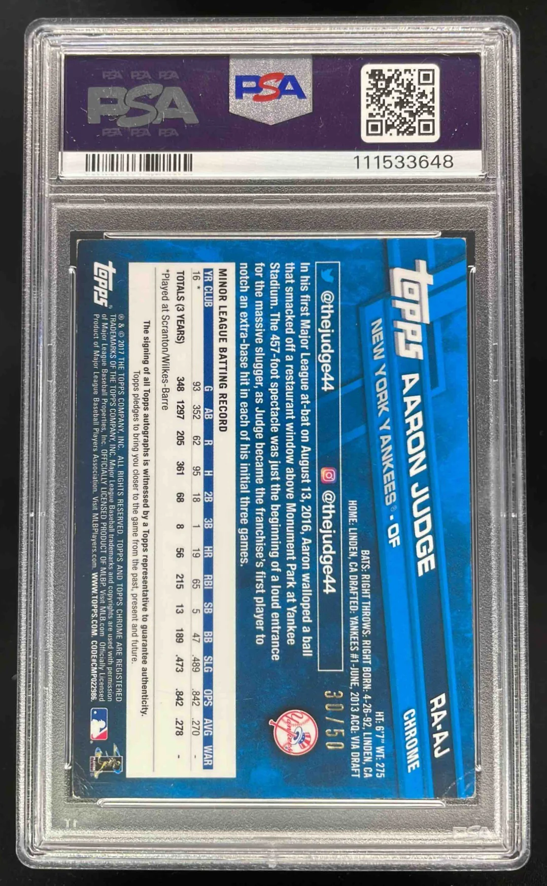2017 Topps Chrome Rookie Gold #RA-AJ Aaron Judge RC Auto /50 PSA Authentic - Image 2