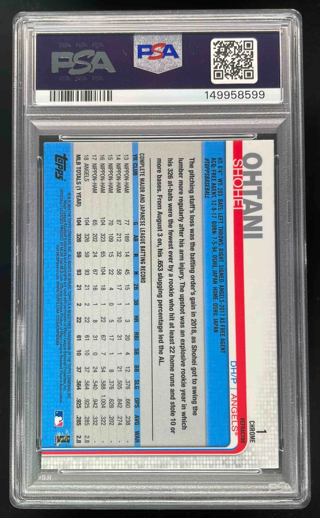 2019 Topps Chrome Refractor #1 Shohei Ohtani PSA 8 - Image 2