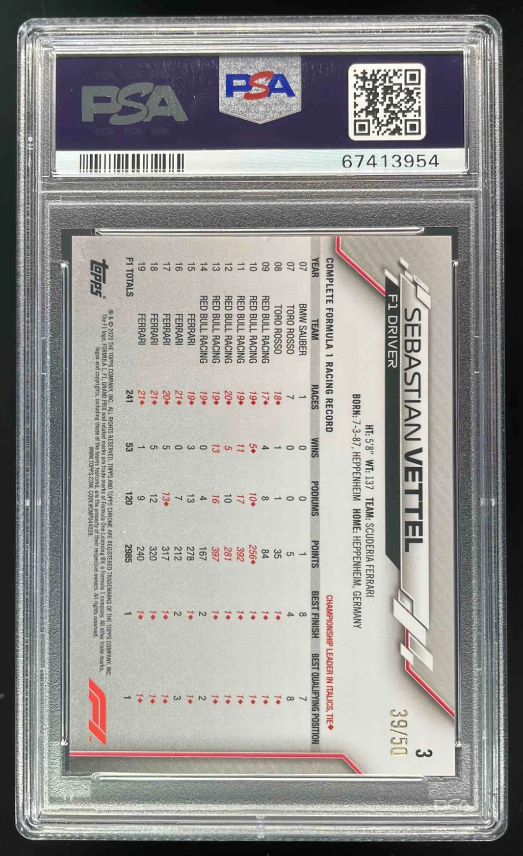 2020 Topps Chrome Formula 1 Gold Refractor #3 Sebastian Vettel /50 PSA 8 - Image 2