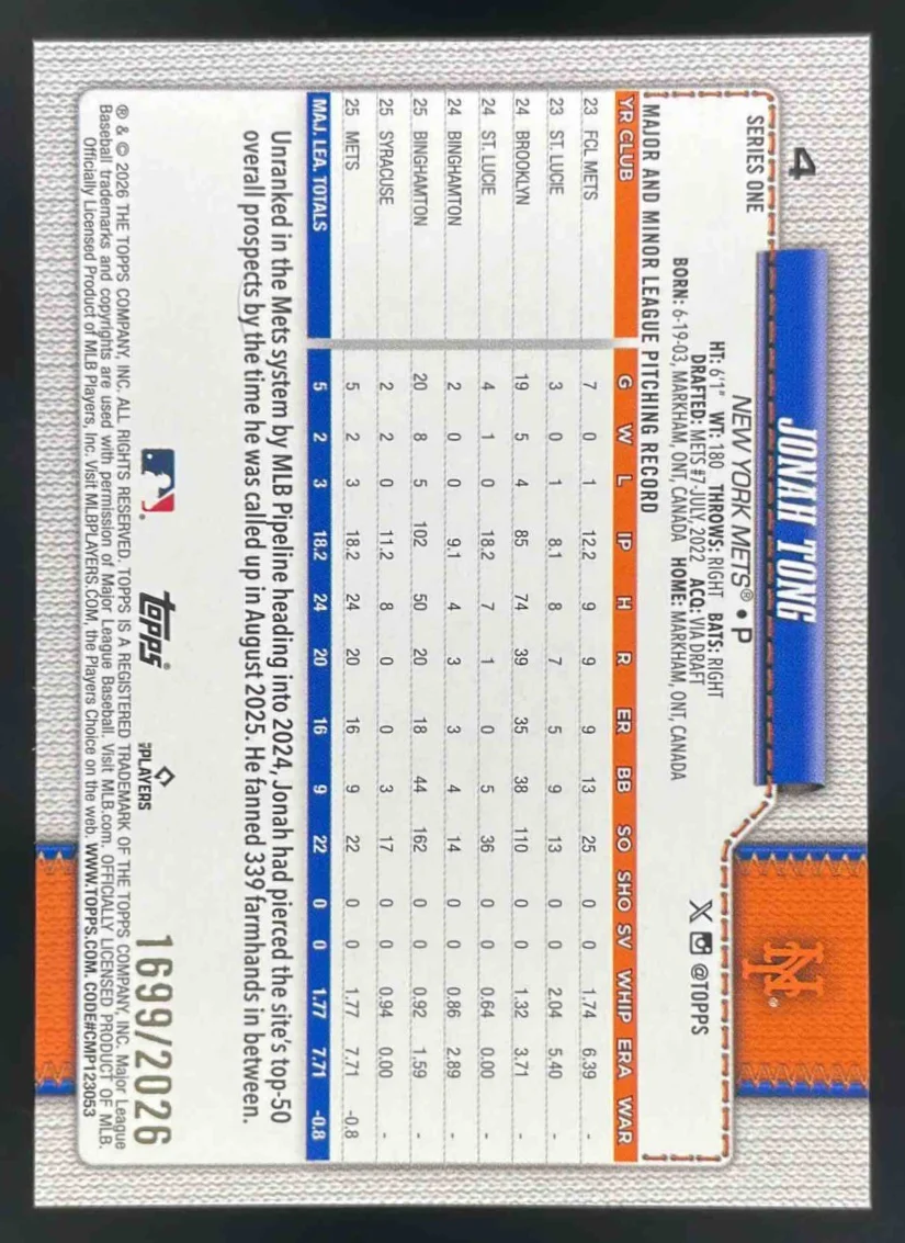 2026 Topps Gold #4 Jonah Tong RC /2026 - Image 2