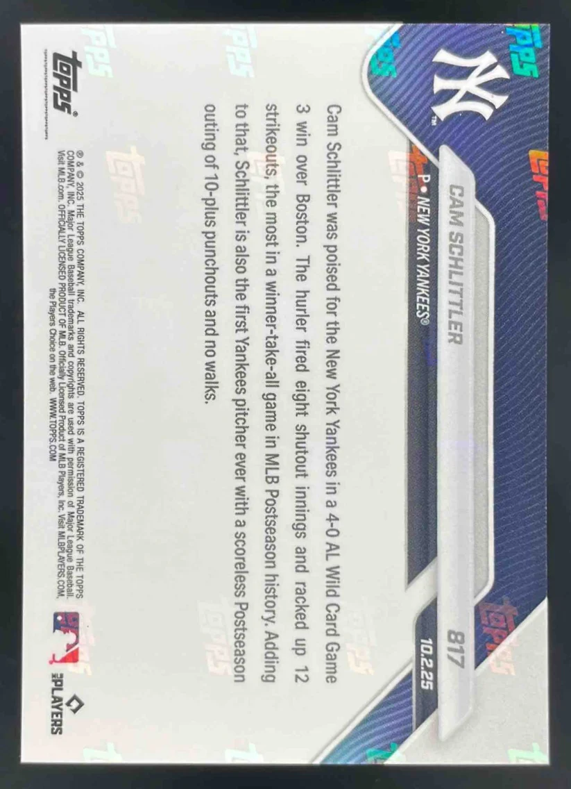 2025 Topps Now #817 Cam Schlittler - Image 2