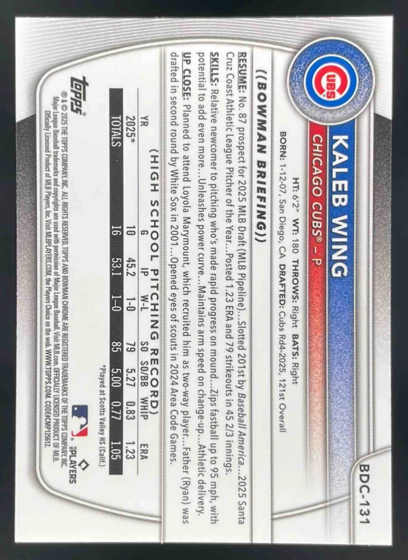 2025 Bowman Draft Chrome Green Reptilian Refractor #BDC-131 Kaleb Wing RC /99 - Image 2