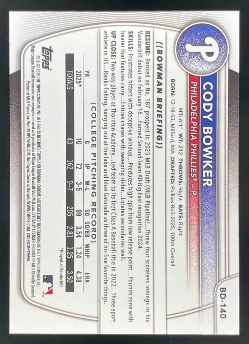 2025 Bowman Draft Gold Border #BD-140 Cody Bowker RC /50 - Image 2