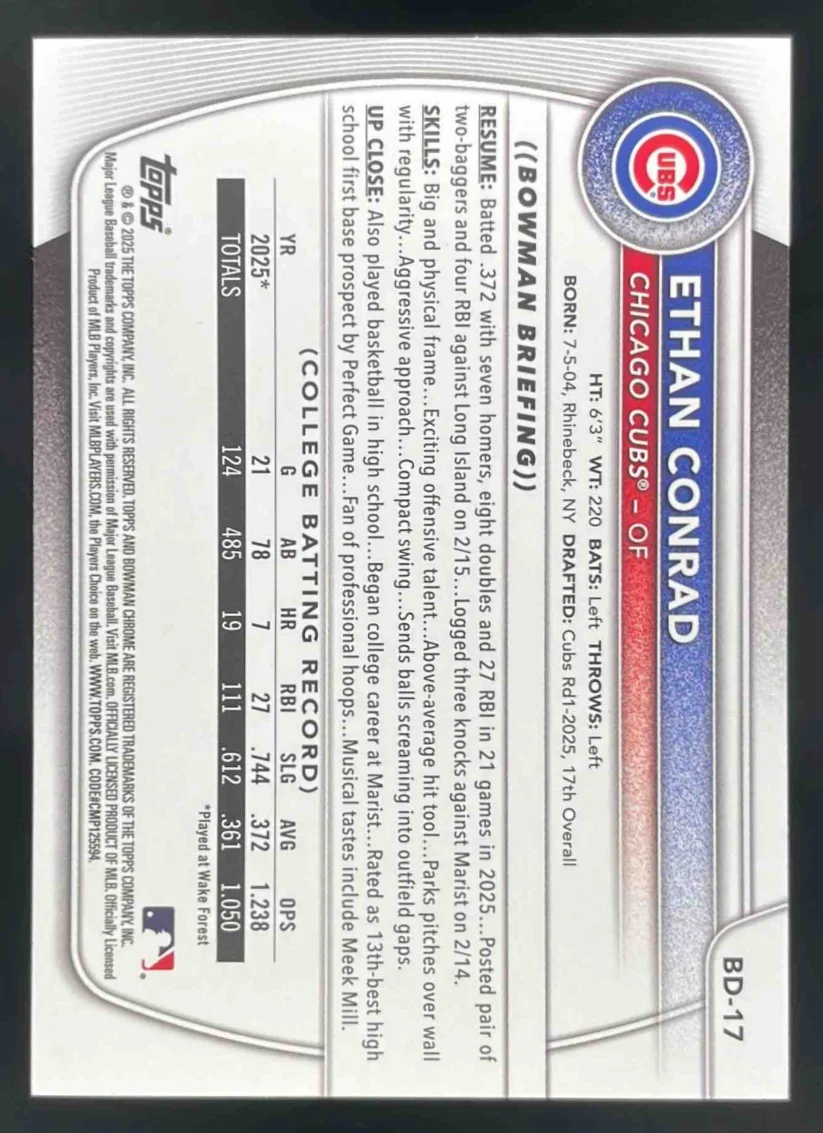 2025 Bowman Draft Sky Blue Border #BD-17 Ethan Conrad RC /499 - Image 2