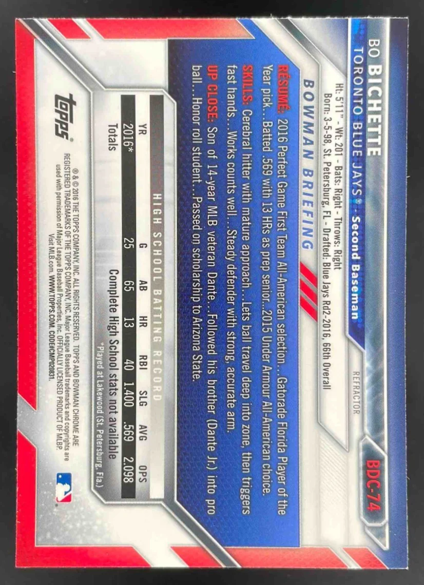 2016 Bowman Draft Chrome Refractor #BDC-74 Bo Bichette - Image 2