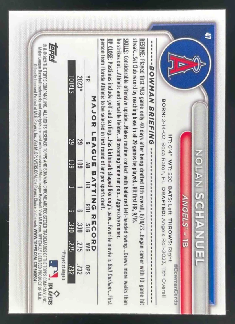 2024 Bowman Chrome Sapphire Gold #47 Nolan Schanuel RC /50 - Image 2