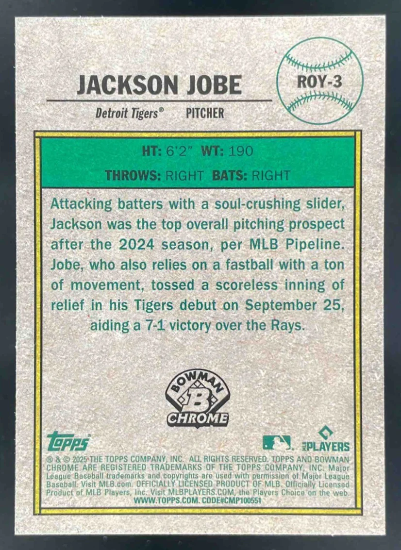 2025 Bowman Chrome Rookie of the Year Favorites #ROY-3 Jackson Jobe RC - Image 2