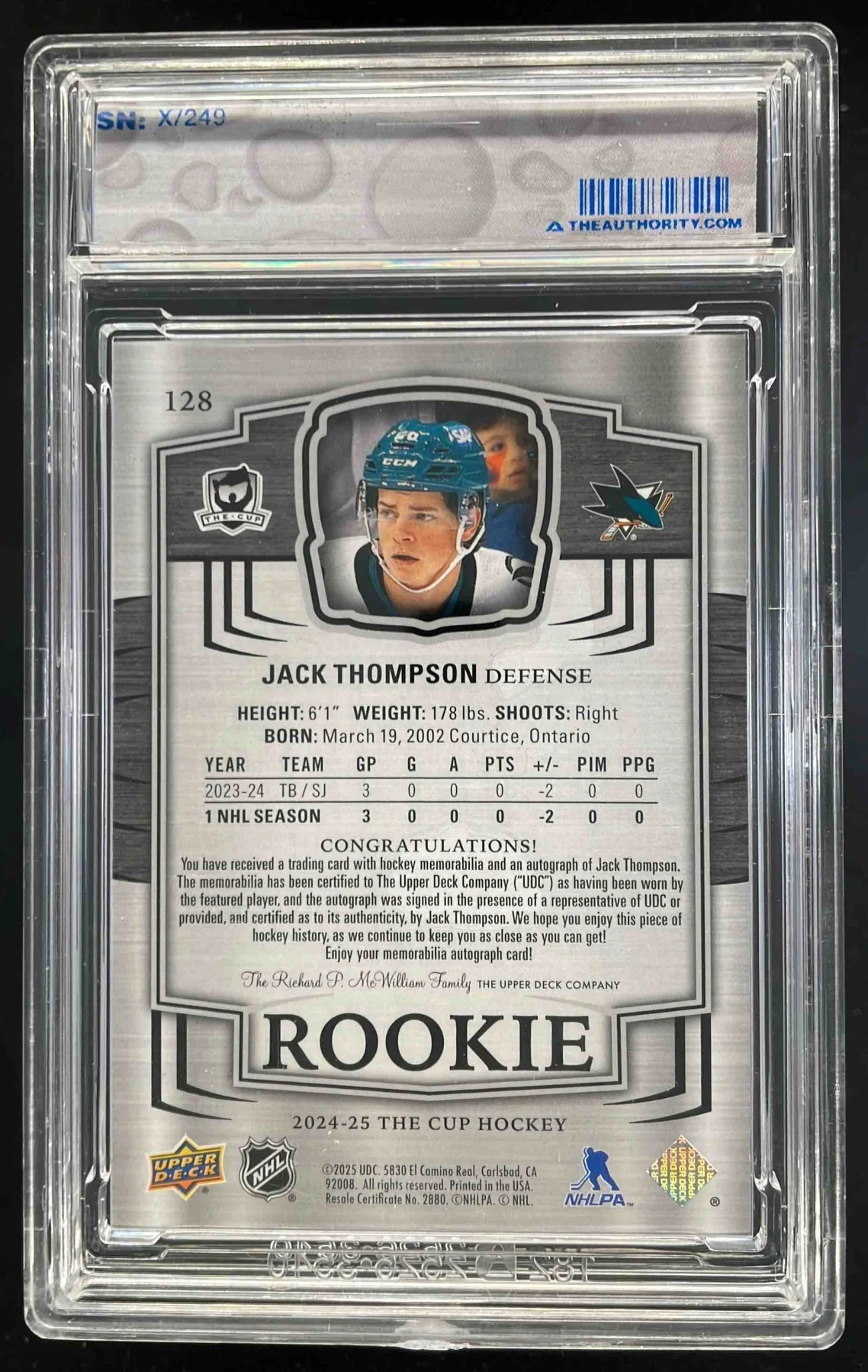 2024-25 Upper Deck The Cup #128 Jack Thompson RC Auto /249 - Image 2
