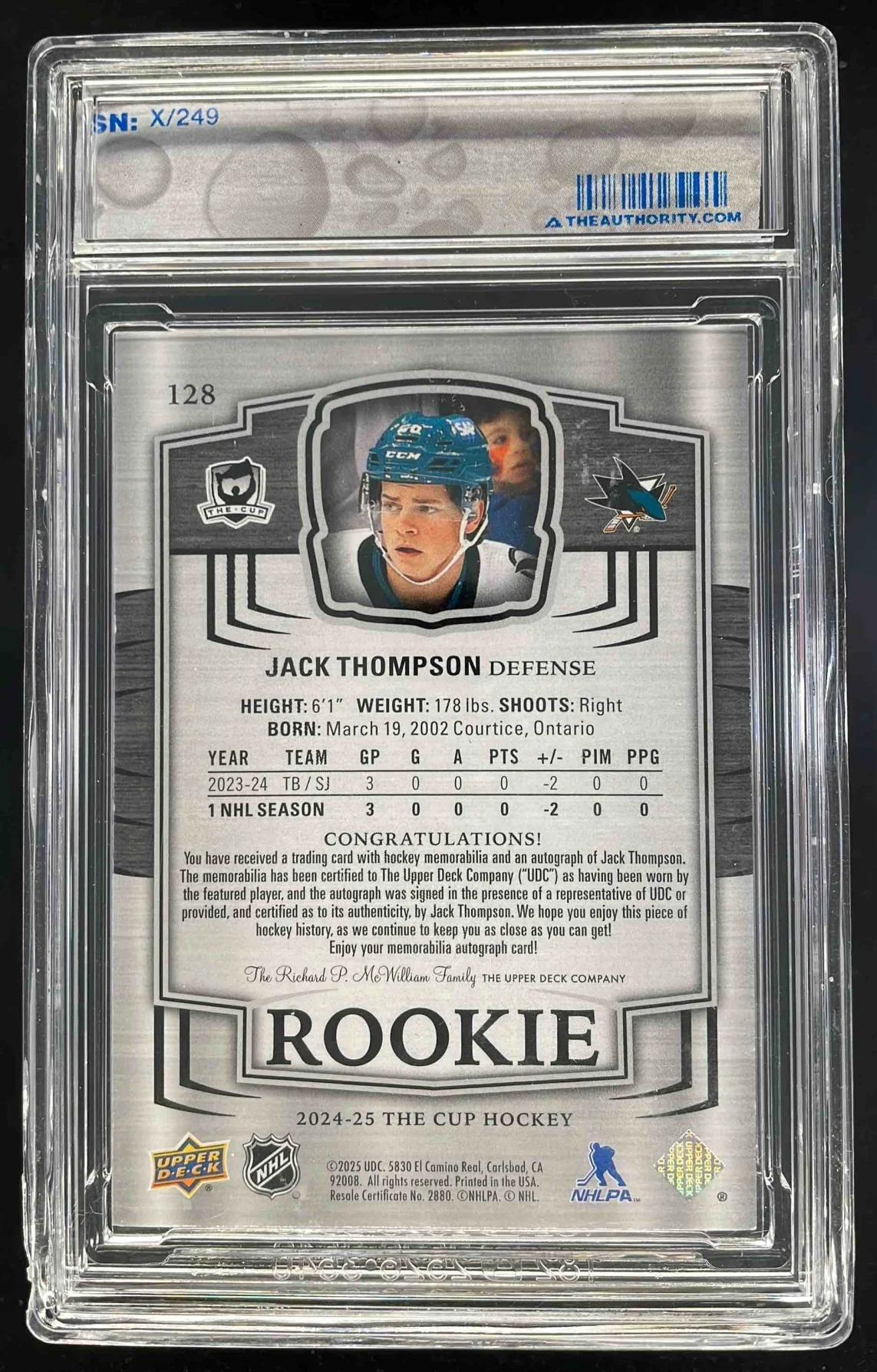 2024-25 Upper Deck The Cup #128 Jack Thompson RC Auto /249 - Image 2