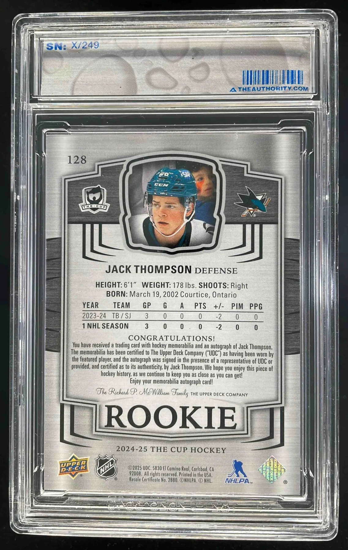 2024-25 Upper Deck The Cup #128 Jack Thompson RC Auto /249 - Image 2