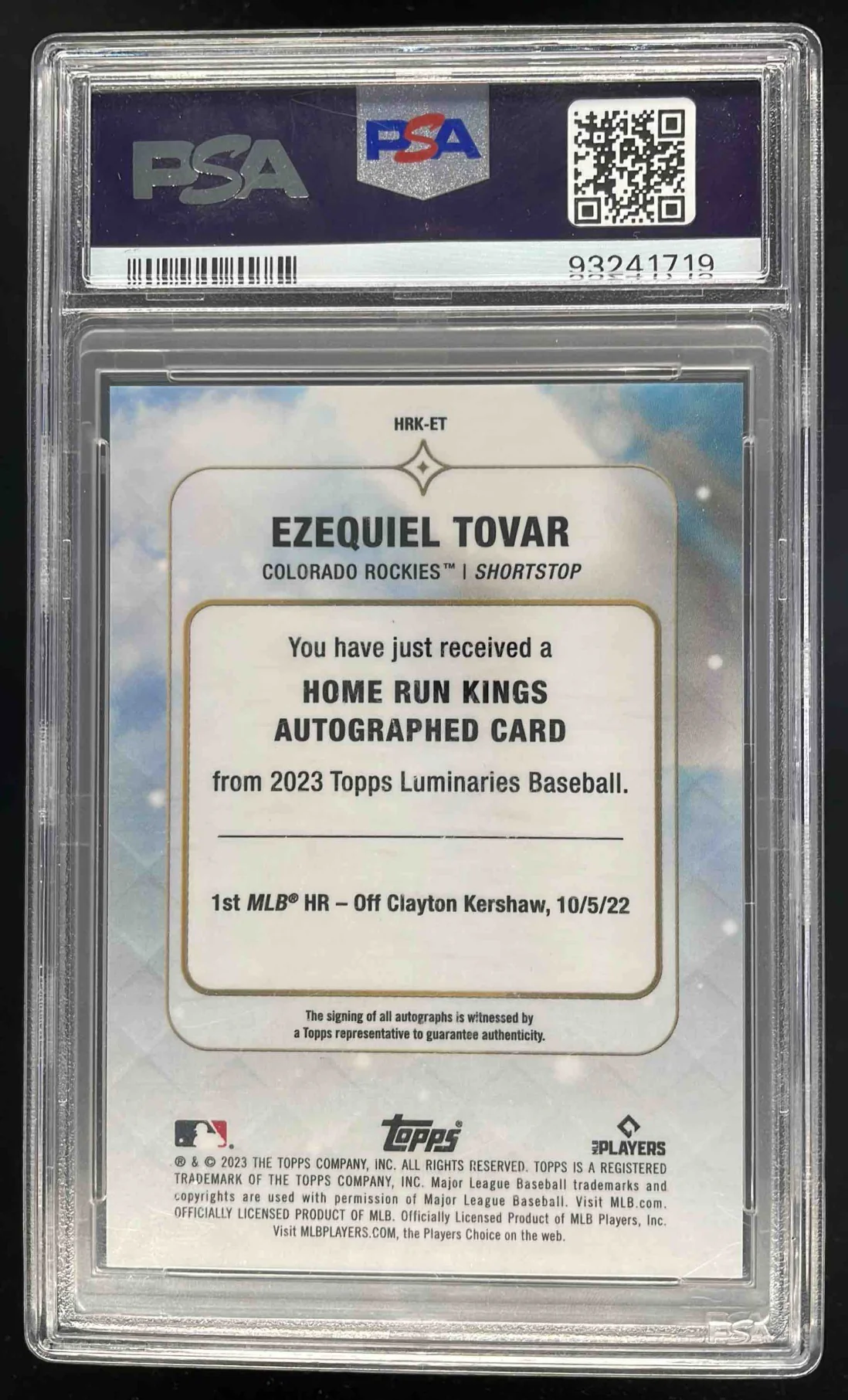 2023 Topps Luminaries Home Run Kings Purple #HRKET Ezequiel Tovar Auto /3 PSA 10 - Image 2
