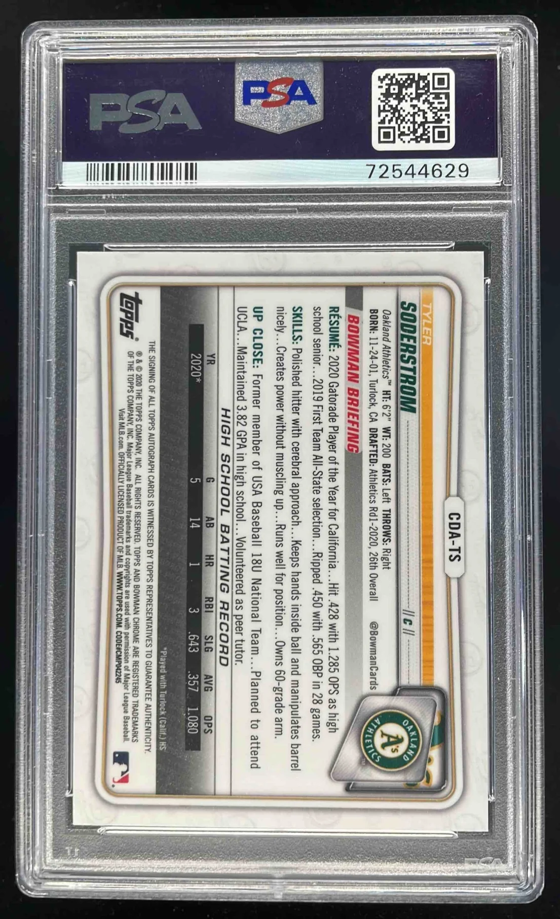 2020 Bowman Draft Chrome Pick Autographs #CDA-TS Tyler Soderstrom Auto PSA 9 - Image 2