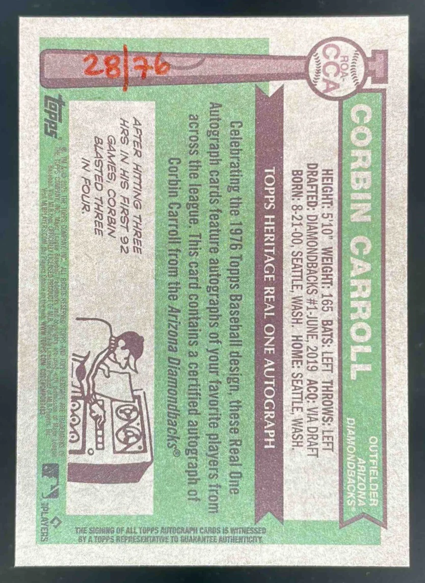 2025 Topps Heritage High Number Real One #ROA-CCA Corbin Carroll RC Auto - Image 2