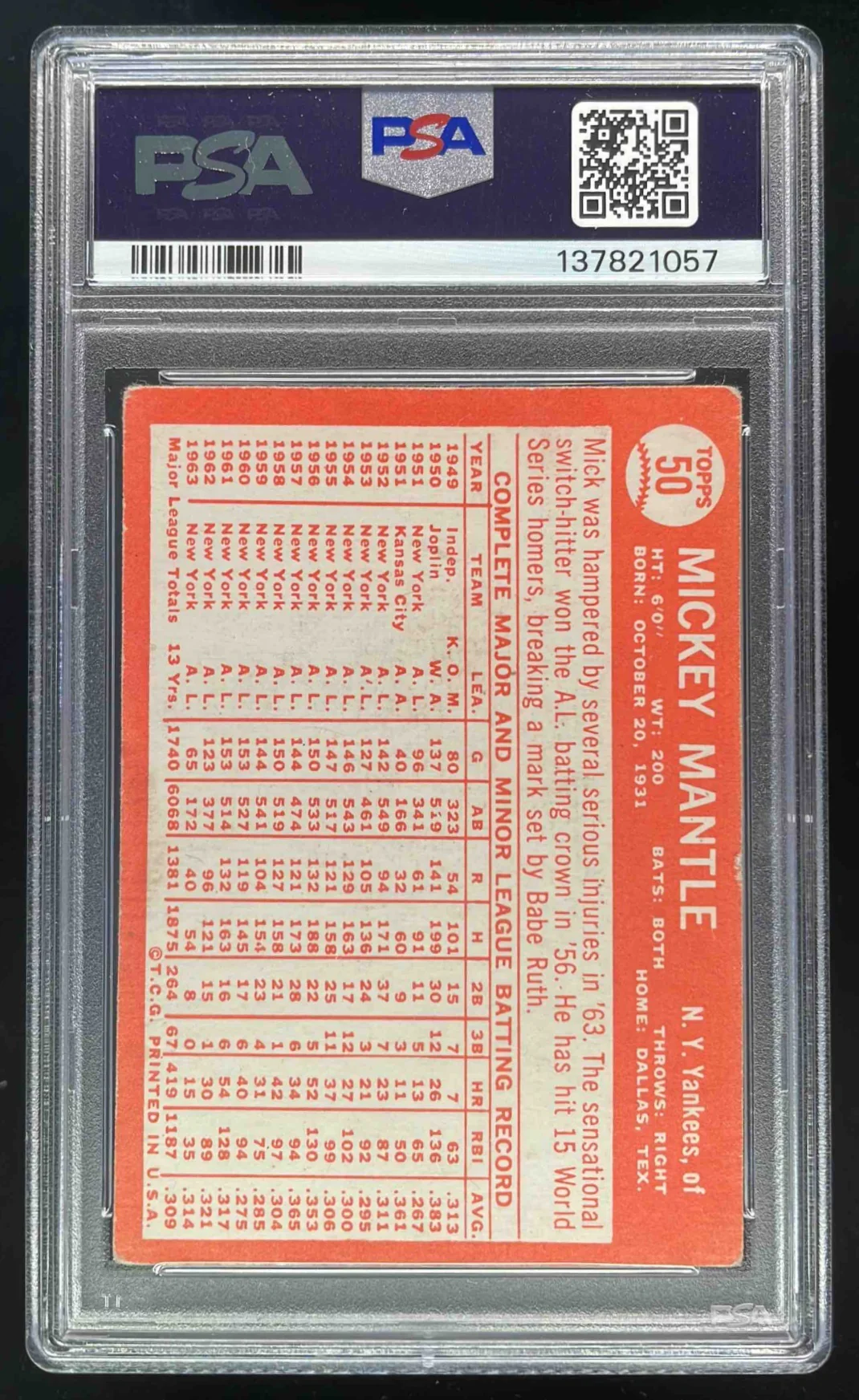 1964 Topps #50 Mickey Mantle PSA 2 (MK) - Image 2