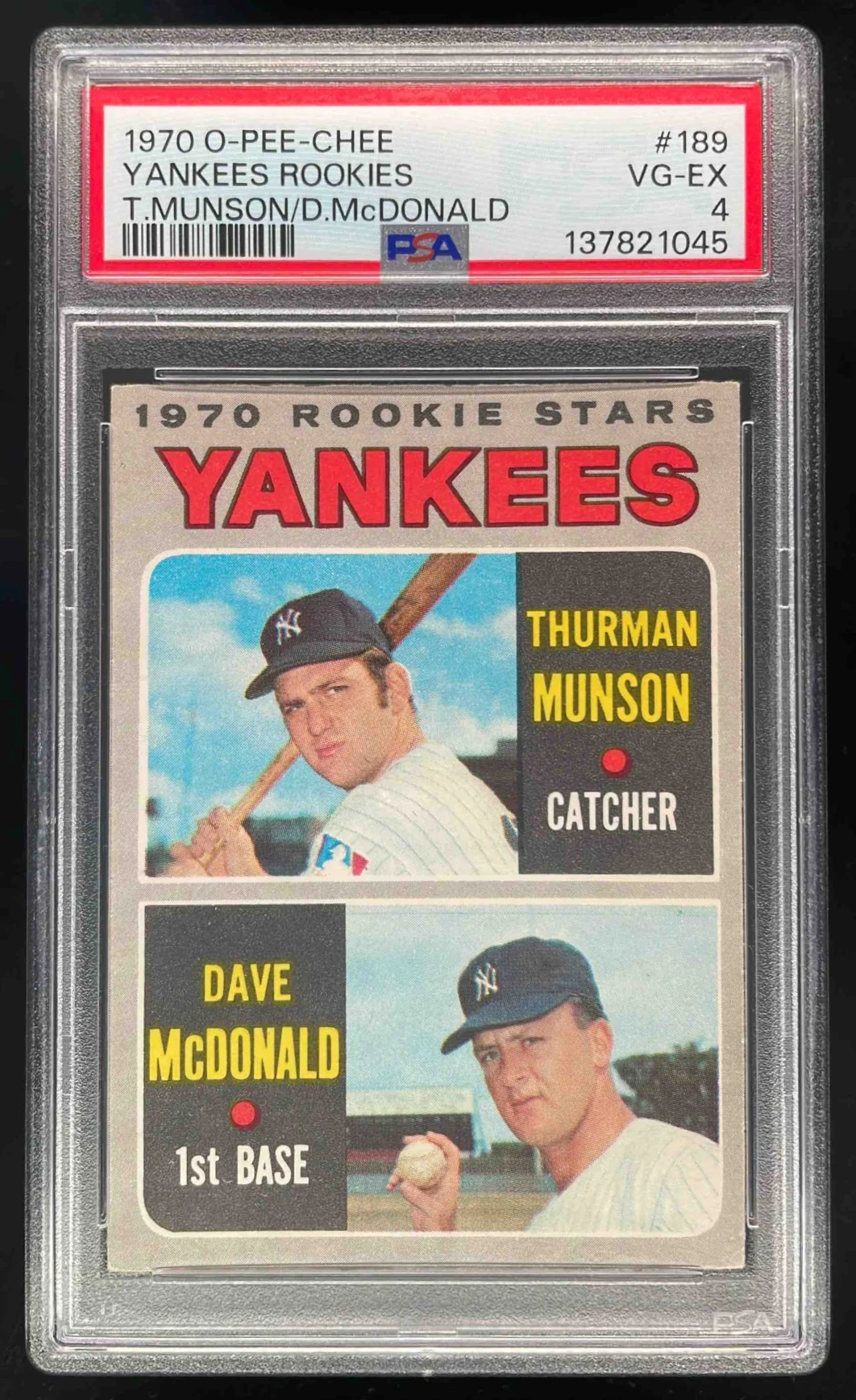 1970 Topps #189 Yankees 1970 Rookie Stars Thurman Munson Dave McDonald RC PSA 4