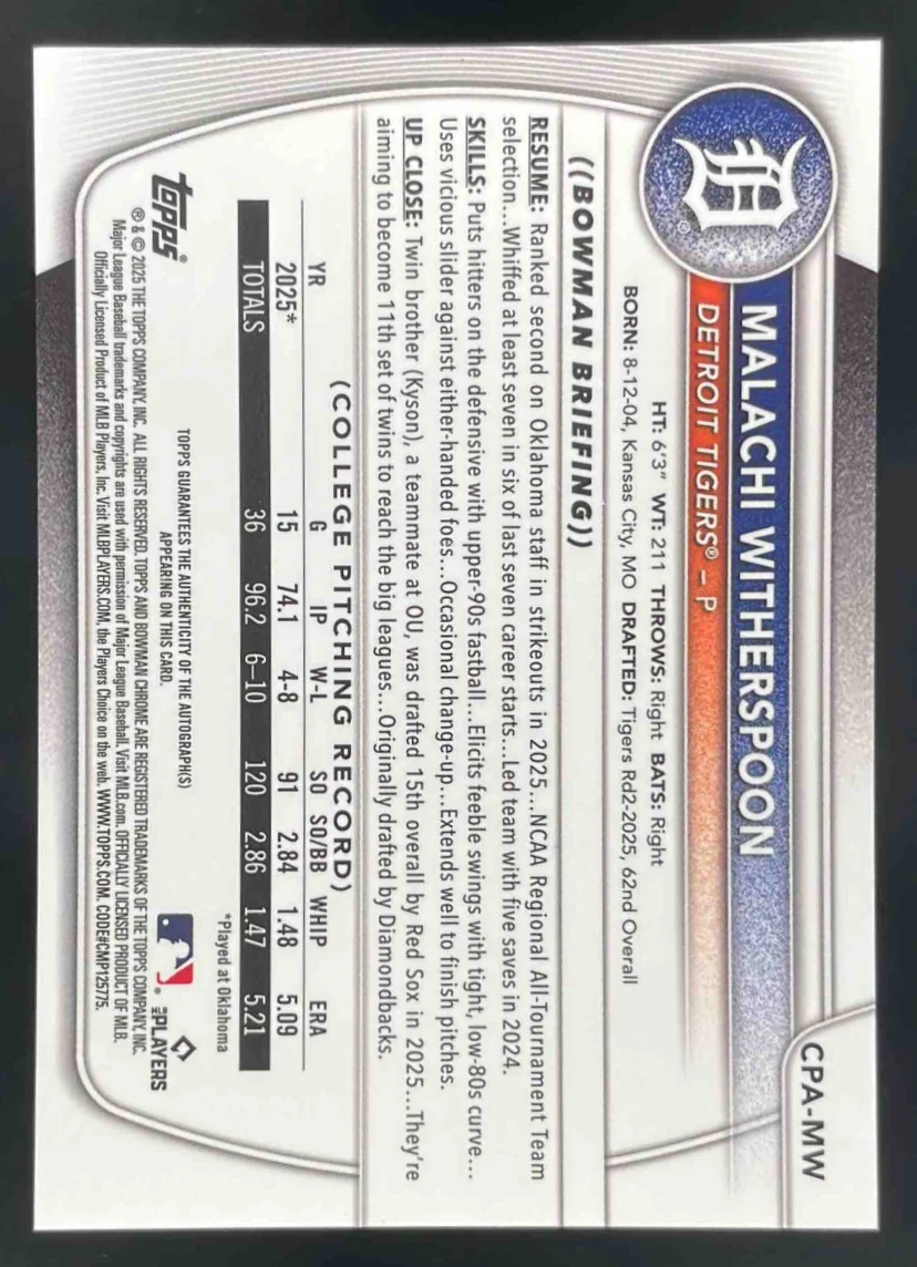 2025 Bowman Draft Chrome Prospect Autograph #CPA-MW Malachi Witherspoon RC Auto - Image 2