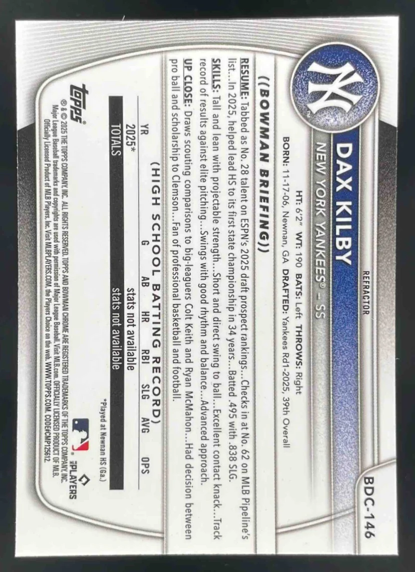 2025 Bowman Draft Chrome Refractor #BDC-146 Dax Kilby RC - Image 2