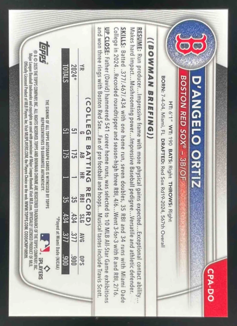 2025 Bowman Chrome Prospect Autographs #CPA-DO D Angelo Ortiz RC Auto - Image 2