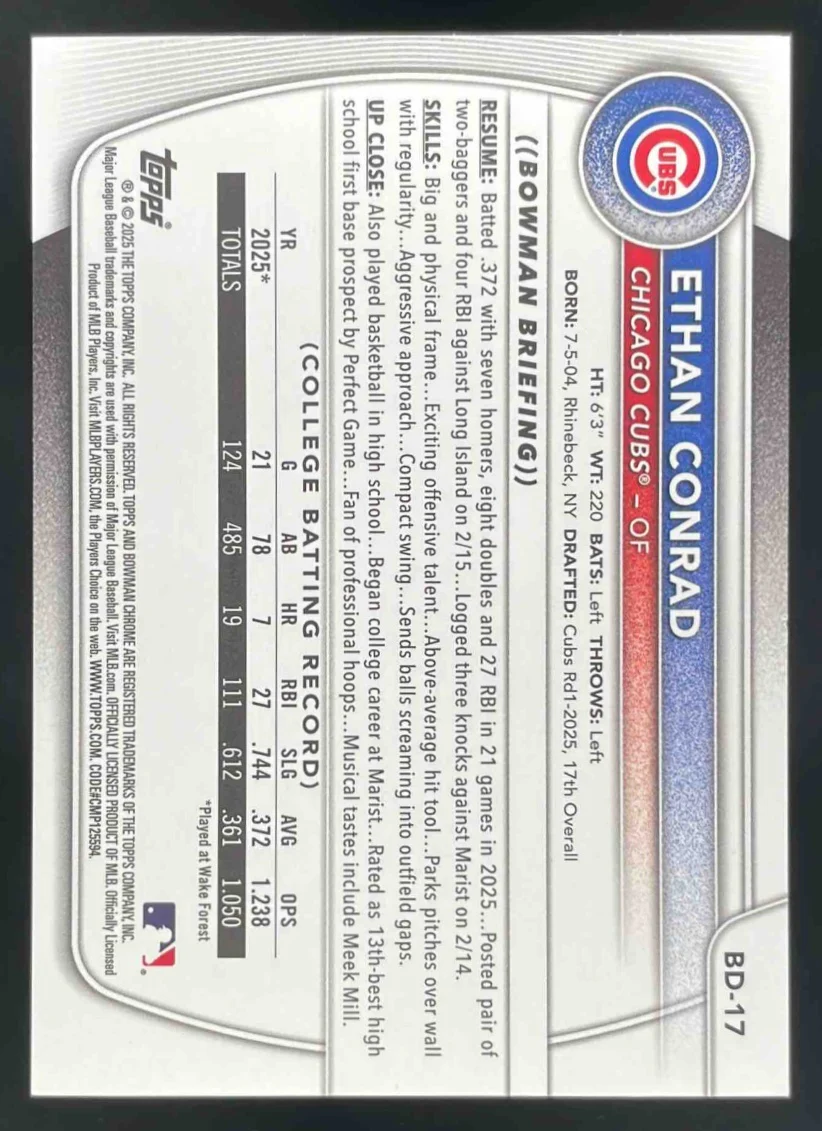 2025 Bowman Draft Blue Border #BD-17 Ethan Conrad RC /150 - Image 2