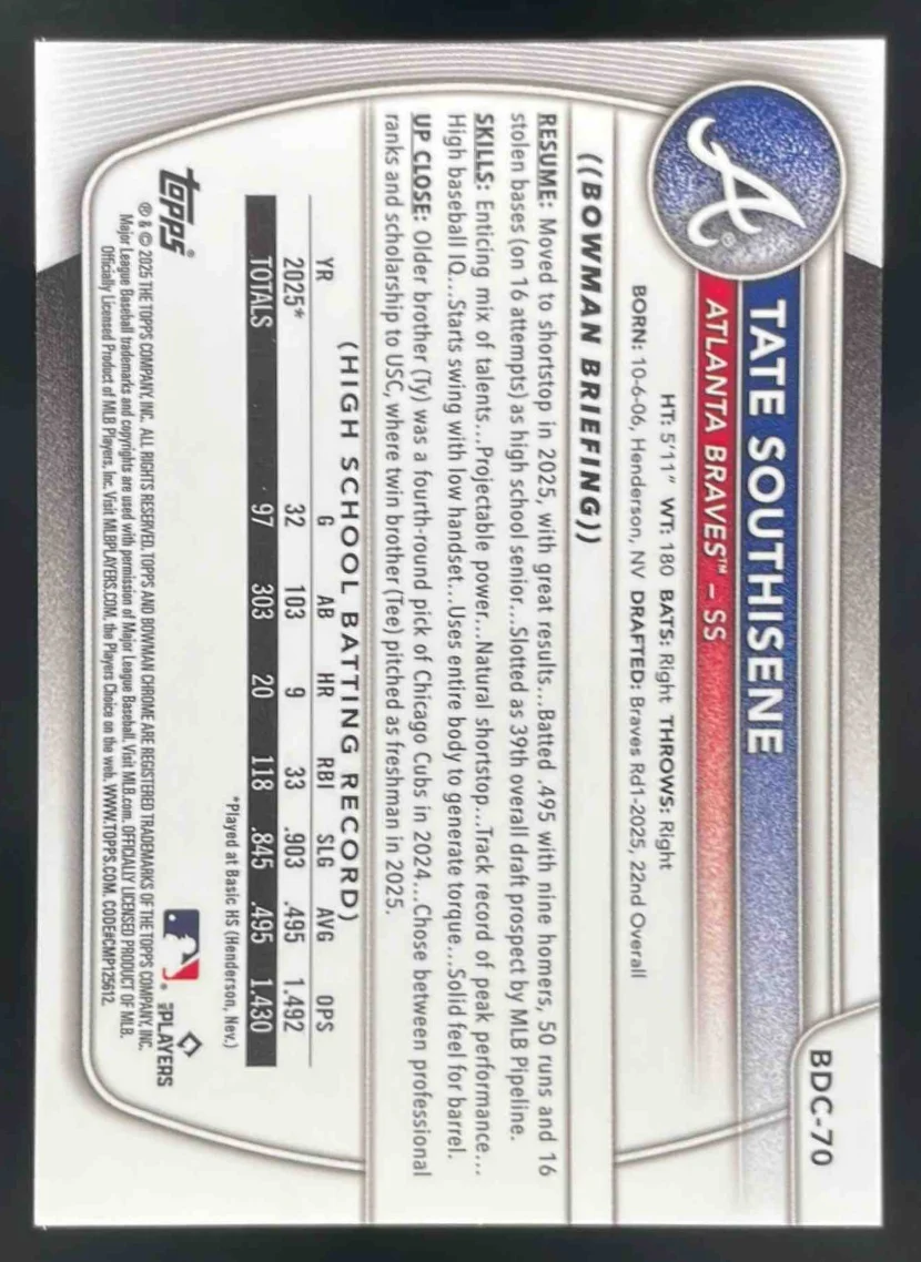 2025 Bowman Draft Sapphire Chrome #BDC-70 Tate Southisene RC - Image 2
