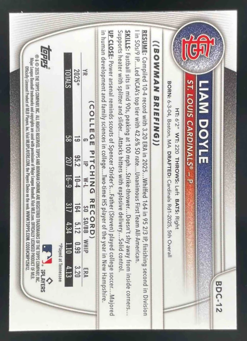 2025 Bowman Draft Sapphire Chrome #BDC-12 Liam Doyle RC - Image 2