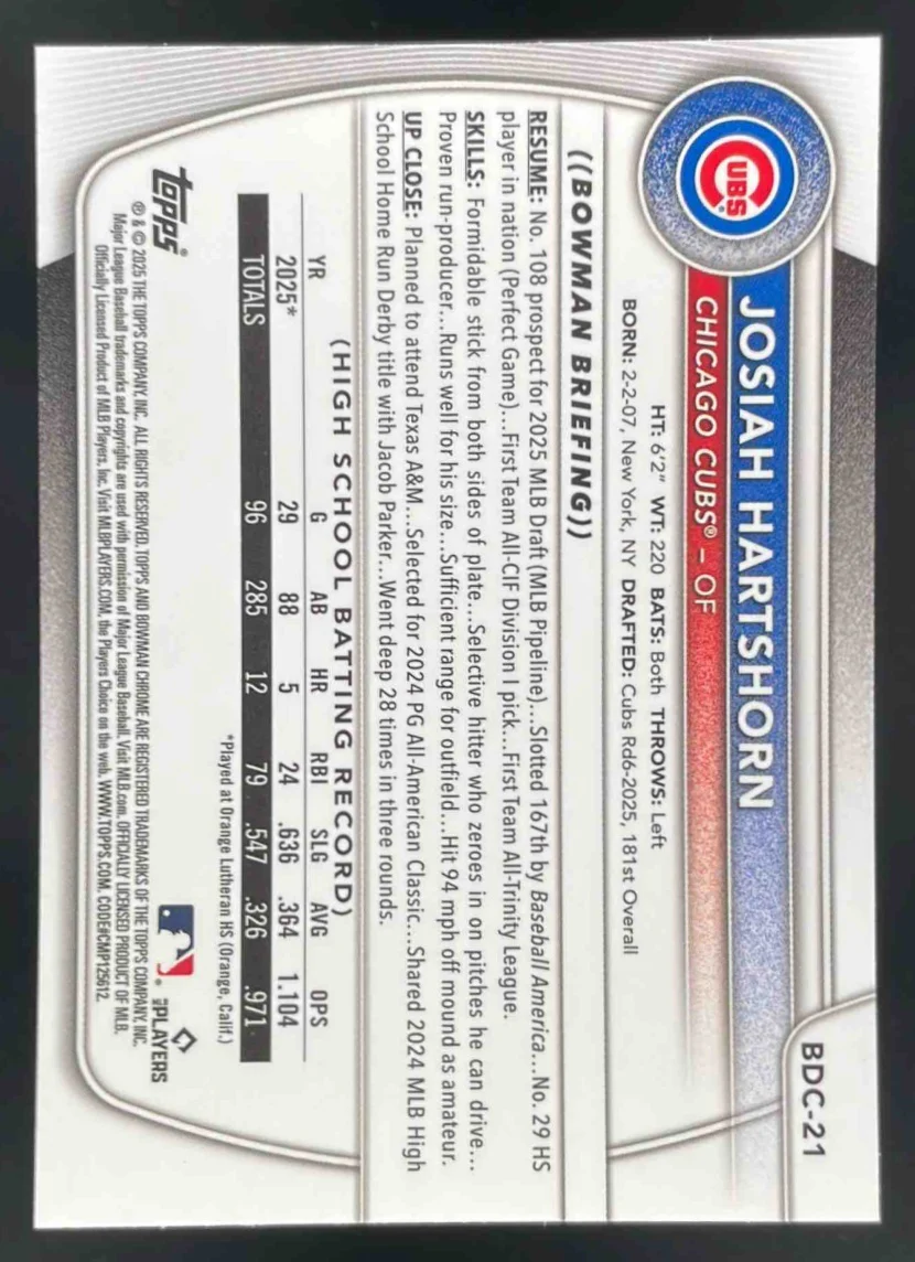 2025 Bowman Draft Sapphire Chrome #BDC-21 Josiah Hartshorn RC - Image 2