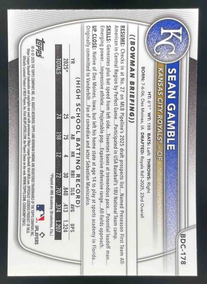 2025 Bowman Draft Sapphire Chrome #BDC-178 Sean Gamble RC - Image 2
